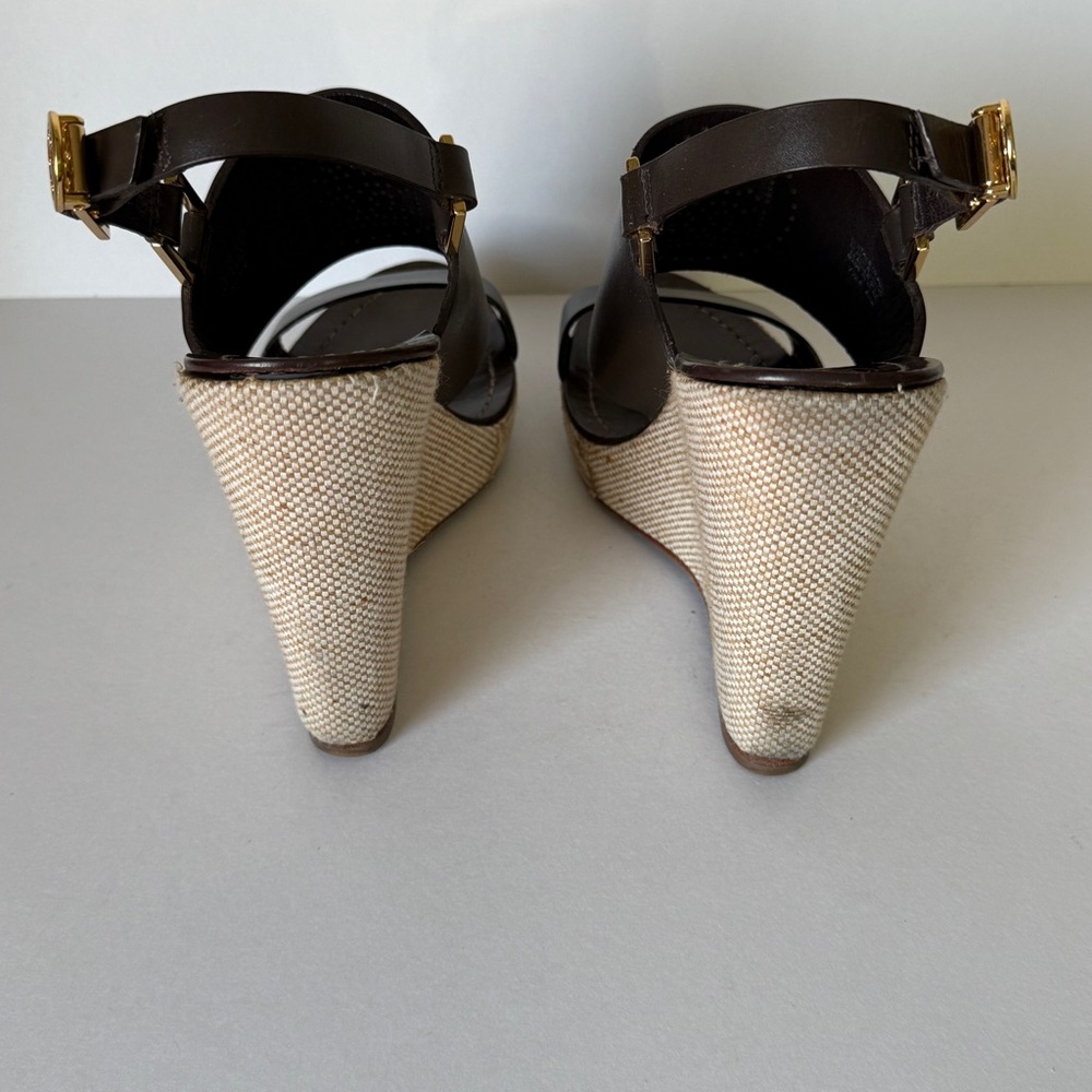 Tory Burch Kimberly Brown Leather Platform Wedge Buckle Strappy Sandals Size 7.5 - Picture 10 of 14